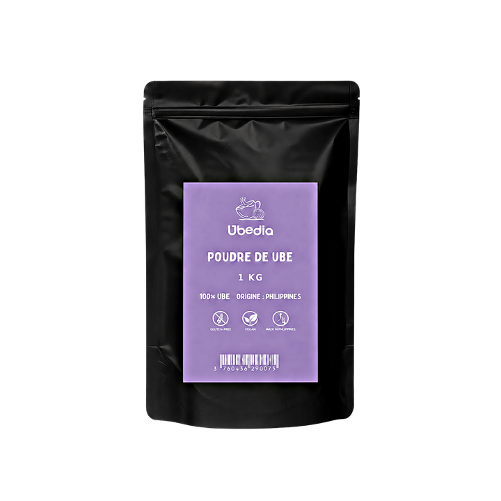 Poudre de Ube nature 1 kg Ubedia — doypack noir refermable, format professionnel, igname violette Kinampay des Philippines