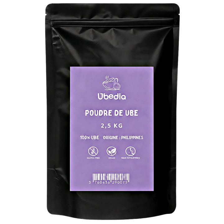 Poudre de Ube nature 2,5 kg Ubedia — doypack noir refermable, très grand format professionnel, igname violette Kinampay des Philippines