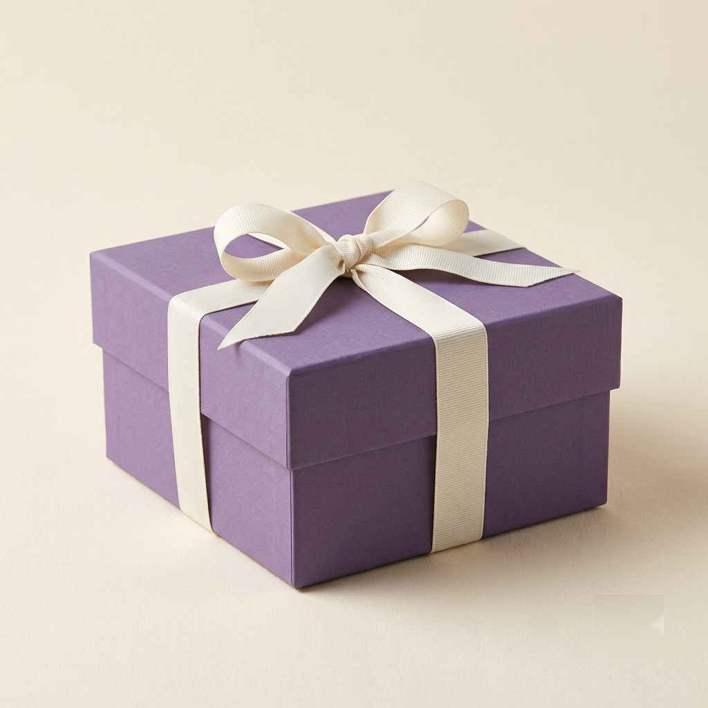 La Box Surprise Ubedia — coffret cadeau violet fermé avec ruban ivoire