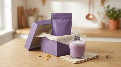 La Box Surprise Ubedia sur un plan de travail avec un latté ube